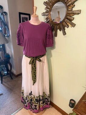 Floral Print White Maxi Skirt with Purple Trim including top